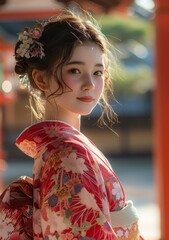 Wall Mural - Portrait of a beautiful young woman in a red kimono