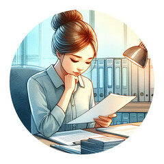 Poster - The businesswoman is at her desk reviewing documents. Round icon. Isolated