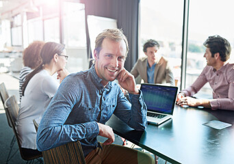 Leinwandbilder - Creative, man and portrait in meeting at conference room with project management and planning. Employee, thinking and feedback with teamwork, collaboration and chat in coworking office with happiness