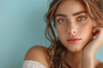 Wall Mural - Studio portrait of an attractive young woman with curly hair, posing against a neutral backdrop.