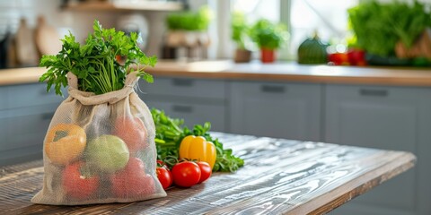 Wall Mural - Mesh bag filled with fresh vegetables on a kitchen table.