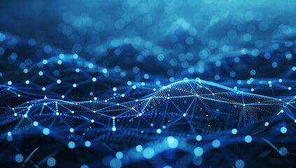
Abstract digital background with network connections and glowing dots on dark blue backdrop, symbolizing global connectivity in technology.
