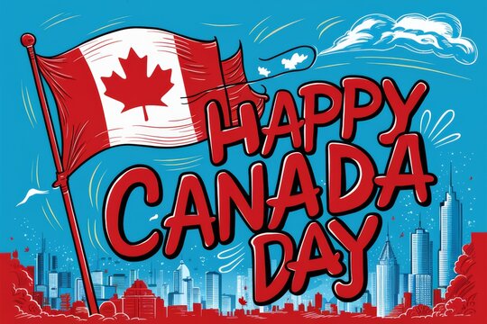 A happy canada day poster with a red and white flag, AI