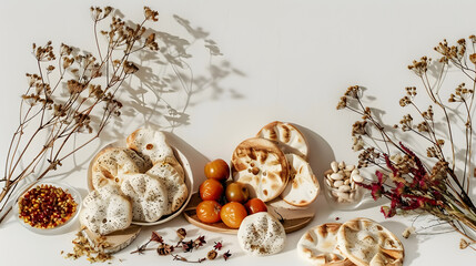 Wall Mural - A collection of food items arranged on a table, accompanied by a white surface displaying dried flowers