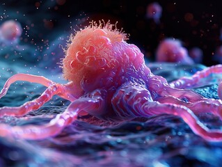 Wall Mural - Close-up of a pink biological cell structure under a microscope, showcasing intricate details and vibrant colors in a scientific setting.