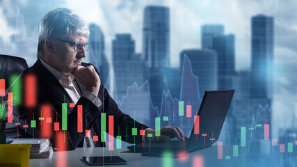 Poster - Man is financier. Economic analyst is sitting at table. Financier works with laptop. Business man studying charts. Skyscrapers behind investor. Gray-haired financier thought. Economist at work