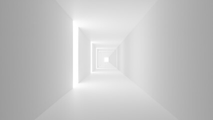 Poster - White corridor. Minimalistic background. Light wallpaper. Tunnel with white walls. Stylish backdrop. Tapering tunnel. White background for design. Three-dimensional backdrop. 3d image