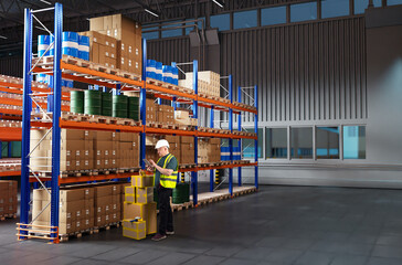 Poster - Man storekeeper. Customs officer near racks of boxes. Storekeeper with tablet keeps track of goods. Man standing in storage hangar. Customs warehouse. Storekeeper registers goods in application