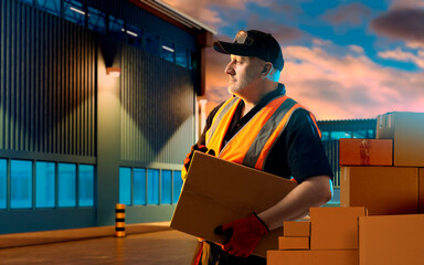 Poster - Man loader with box. Logistics center contractor. Worker near evening warehouse. Guy works as loader. Man is unloading boxes. Loader in orange vest near hangar. Factory employee carries box