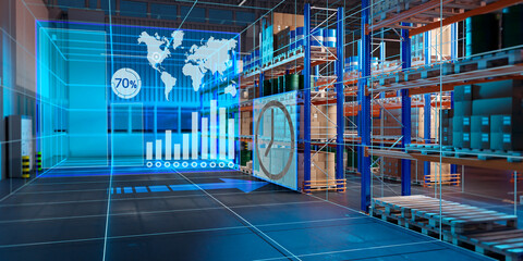 Poster - Innovation warehouse. Futuristic logistics center. Warehouse with racks on boxes. International logistics center. Virtual screens inside warehouse. Futuristic storage hangar. 3d image