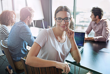 Leinwandbilder - Creative, woman and portrait in meeting at conference room with management of online magazine. Editor, thinking and feedback with teamwork, collaboration and chat about planning project or article