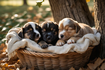 Wall Mural - puppies in basket