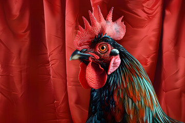 Sticker - A tight shot of a rooster's red-and-blue crested head against a red backdrop of a curtain