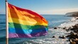© Arthur - lgbt flag against ocean sea whater background, pride parade, lgbt pride month, fight against homophobia, tolerance, rally of many people, June 1 st