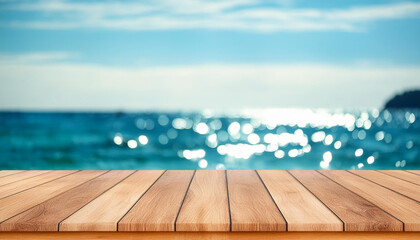 Wall Mural - Wood table top on blur sparkling sea water and summer sky background