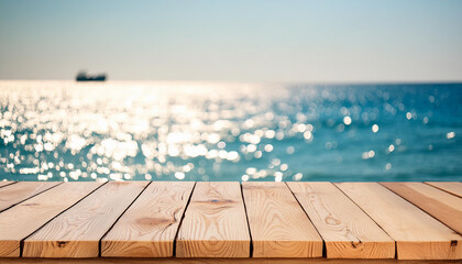 Poster - Wood table top on blur sparkling sea water and summer sky background