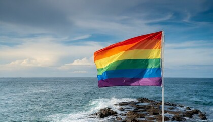 Wall Mural - lgbt flag against ocean sea whater background, pride parade, lgbt pride month, fight against homophobia, tolerance, rally of many people