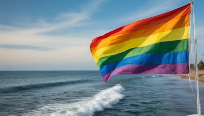 Canvas Print - lgbt flag against ocean sea whater background, pride parade, lgbt pride month, fight against homophobia, tolerance, rally of many people