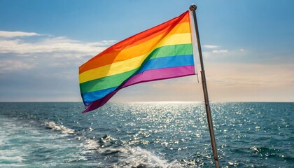 Wall Mural - lgbt flag against ocean sea whater background, pride parade, lgbt pride month, fight against homophobia, tolerance, rally of many people