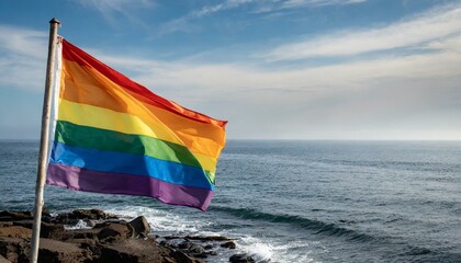 Wall Mural - lgbt flag against ocean sea whater background, pride parade, lgbt pride month, fight against homophobia, tolerance, rally of many people