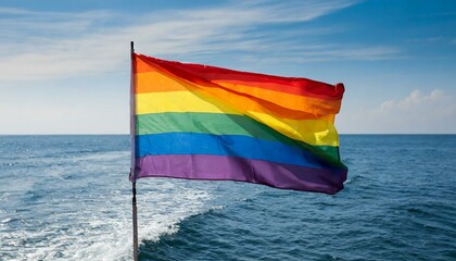 Wall Mural - lgbt flag against ocean sea whater background, pride parade, lgbt pride month, fight against homophobia, tolerance, rally of many people