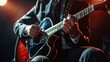 © fivan - Close up view of musician in stylish suit playing guitar on dark background