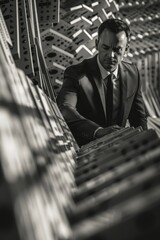 Poster - A stylish man in a suit captured in black and white. Suitable for business and fashion concepts