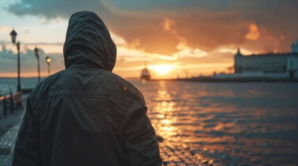 Poster - A person enjoying a beautiful sunset on a pier, ideal for travel or relaxation concepts