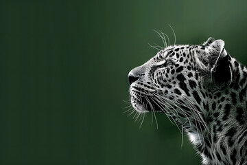 Wall Mural - A black-and-white image of a leopard's profile, head tilted to the side, on a green background