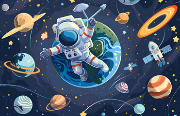 Wall Mural - a cartoon vector illustration of an astronaut floating in space, surrounded by planets and stars, ge