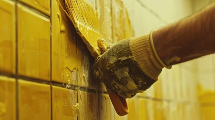 Poster - A person's hand wearing a glove resting on a wall. Suitable for various concepts and backgrounds