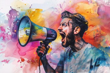 Poster - A man energetically shouting into a megaphone. Perfect for protest or announcement concepts