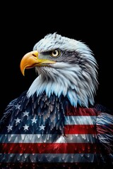 Poster - Majestic bald eagle with an American flag perched on its head, suitable for patriotic themes