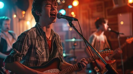 Poster - A man singing into a microphone while holding a guitar. Perfect for music and performance concepts