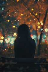 Poster - A woman sitting on a bench in a park at night. Suitable for outdoor and nighttime themes