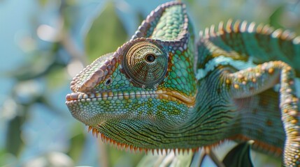 Poster - A detailed view of a chameleon perched on a branch. Suitable for nature and wildlife concepts
