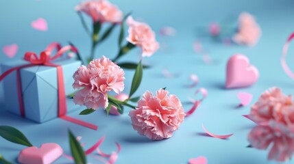 Poster - Beautiful pink carnations and hearts on a blue background. Perfect for Valentine's Day decorations