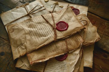 Poster - Stack of old letters on a table, suitable for vintage or nostalgia themes