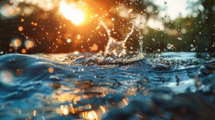 Poster - Close up view of water with sun shining in the background. Perfect for nature and relaxation concepts
