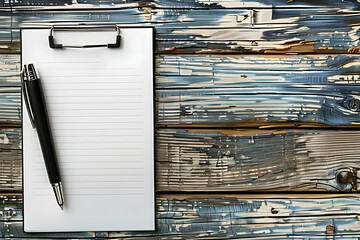 Wall Mural - A notepad with a pen on top, a clipboard nearby, both atop a wooden surface