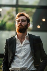 Poster - A man with a beard and glasses standing by a window. Suitable for business or lifestyle concepts