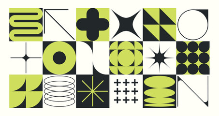 Wall Mural - Set of neomodern geometric shapes. Brutalism, futuristic, memphis pattern ackground. Collection of black brutalism, geometric abstract shapes. Modern design for cards, invitation, branding, banner