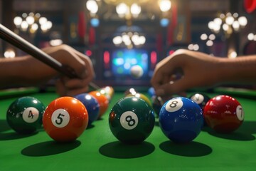 Poster - Image of a pool table with eight balls and a cue stick. Suitable for sports and leisure concepts