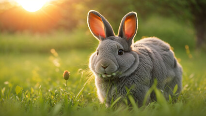 A gray rabbit is sitting in a green field at sunset.

