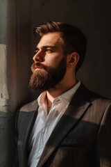 Aufkleber - A man with a beard wearing a white shirt. Suitable for various business and casual concepts