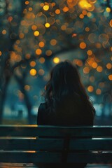 Poster - A person sitting on a bench in front of a tree. Suitable for lifestyle or nature concepts