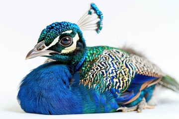 Poster - A stunning close up image of a colorful peacock on a white background. Perfect for nature or wildlife themes