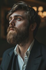 Canvas Print - A detailed close-up of a man with a beard. Suitable for various projects