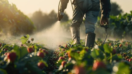 Poster - A man tending to strawberry plants in a field. Ideal for agricultural or farming concepts