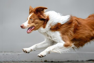 Poster - Energetic dog captured mid-air jump. Ideal for pet-related projects